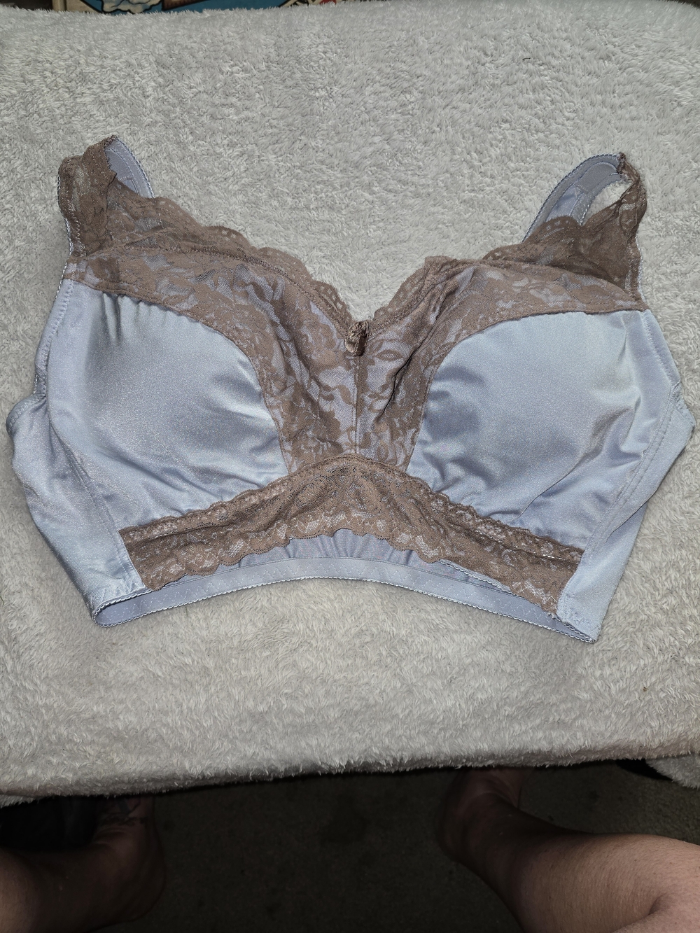 Rhonda Shear Pale Blue Satin Bra with Taupe Lace Trim